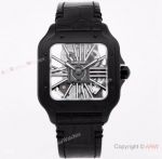 (TW ) Skeleton Santos De Cartier In All Black Leather Strap Watch High End Replica For Men 